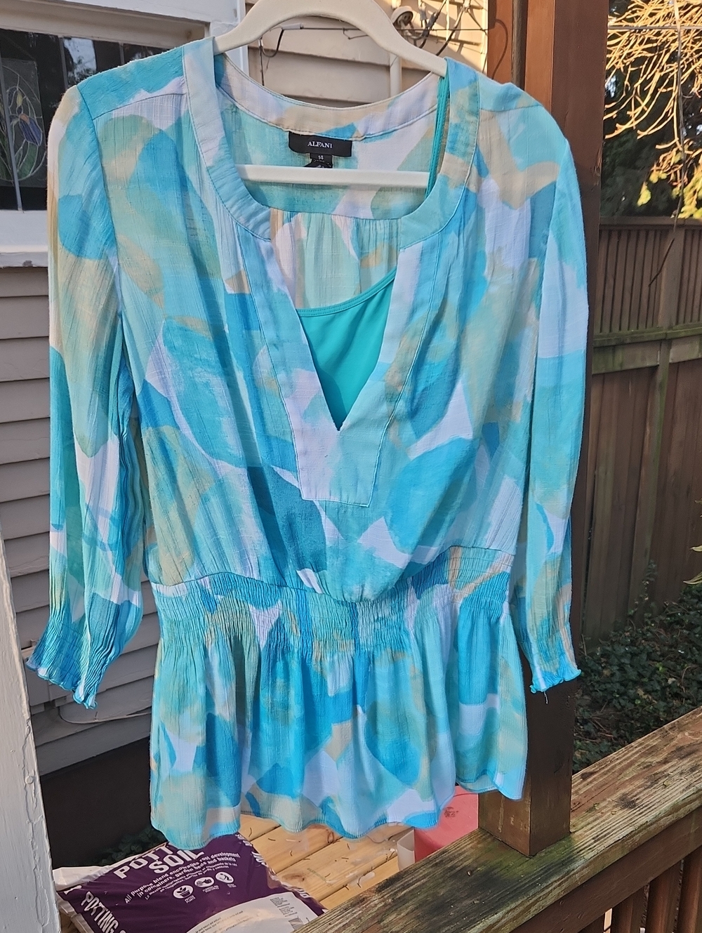 Alfani Aqua & Turquoise Abstract Peplum Tunic